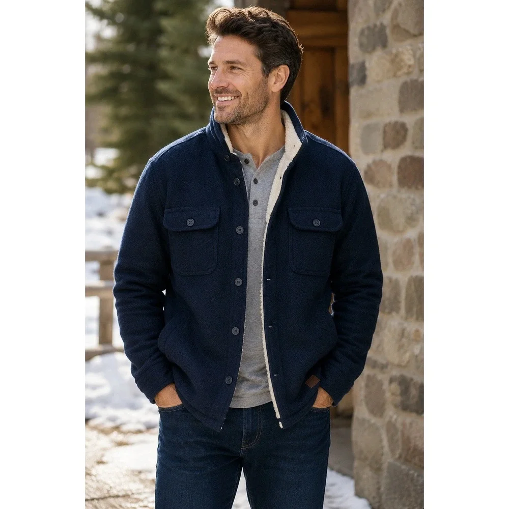 JACHS New York Men's M Navy Blue Wool Blend Sherpa Lined Shirt Jacket Shacket